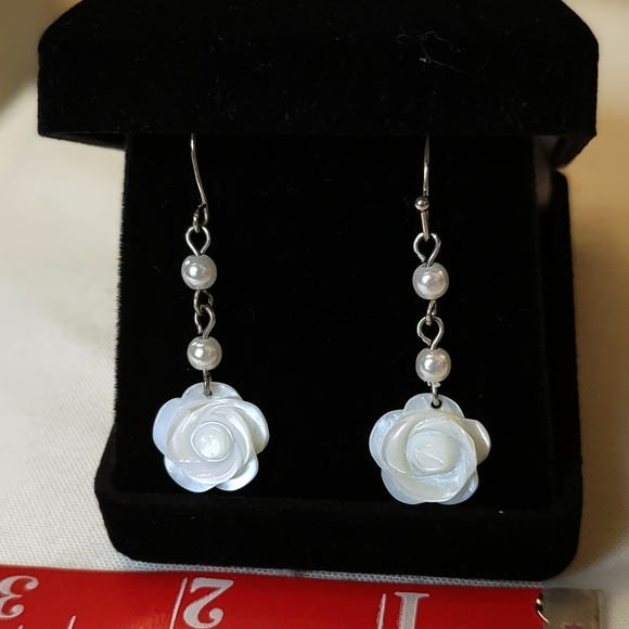 Source Unknown Jewelry - Carved Mother of Pearl Rose Earrings